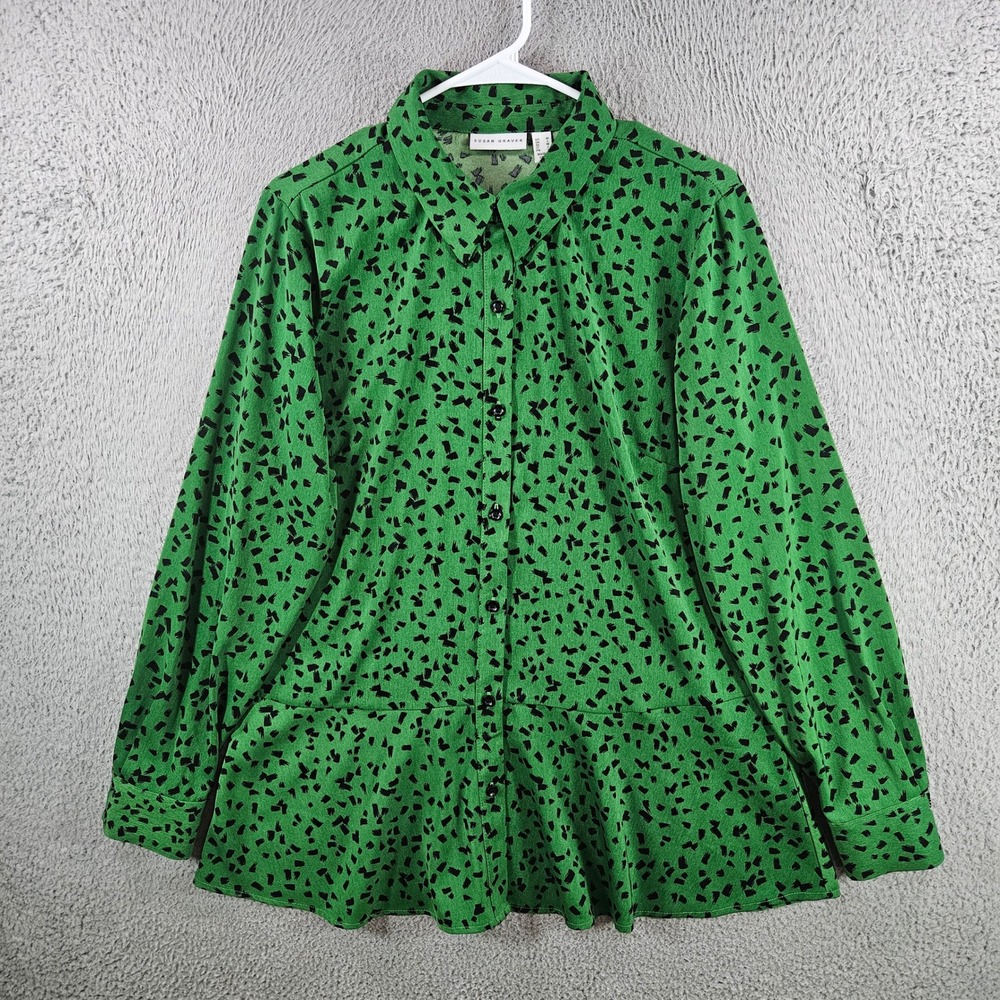 Susan Graver Green Black Abstract Print Peplum Button Front Blouse Womens Medium